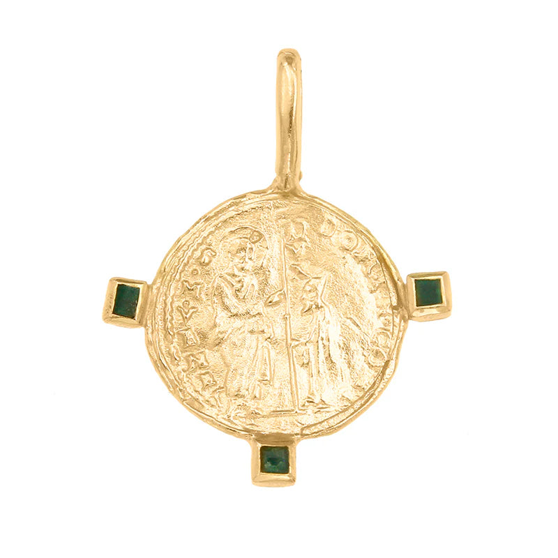 BYZANTINE VENICE DOMINO CONTRARINI MEDALLION WITH THREE EMERALDS - 18K GOLD PLATED