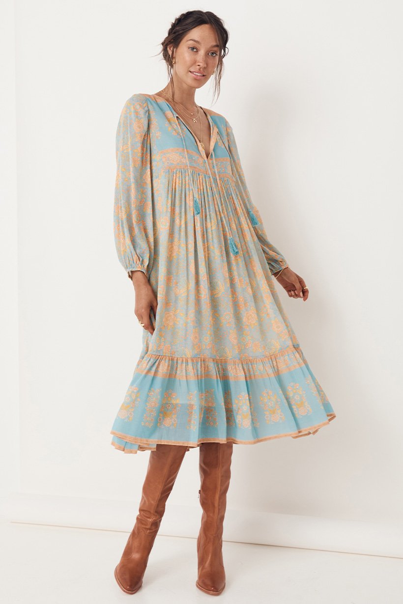 Juniper Boho Midi Dress - Eggshell Blue